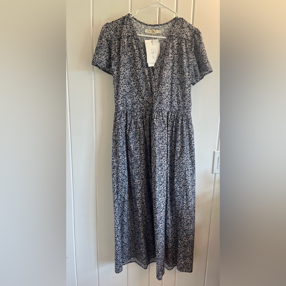 Christy Dawn Gray and White Flutter Sleeve Midi Sundress